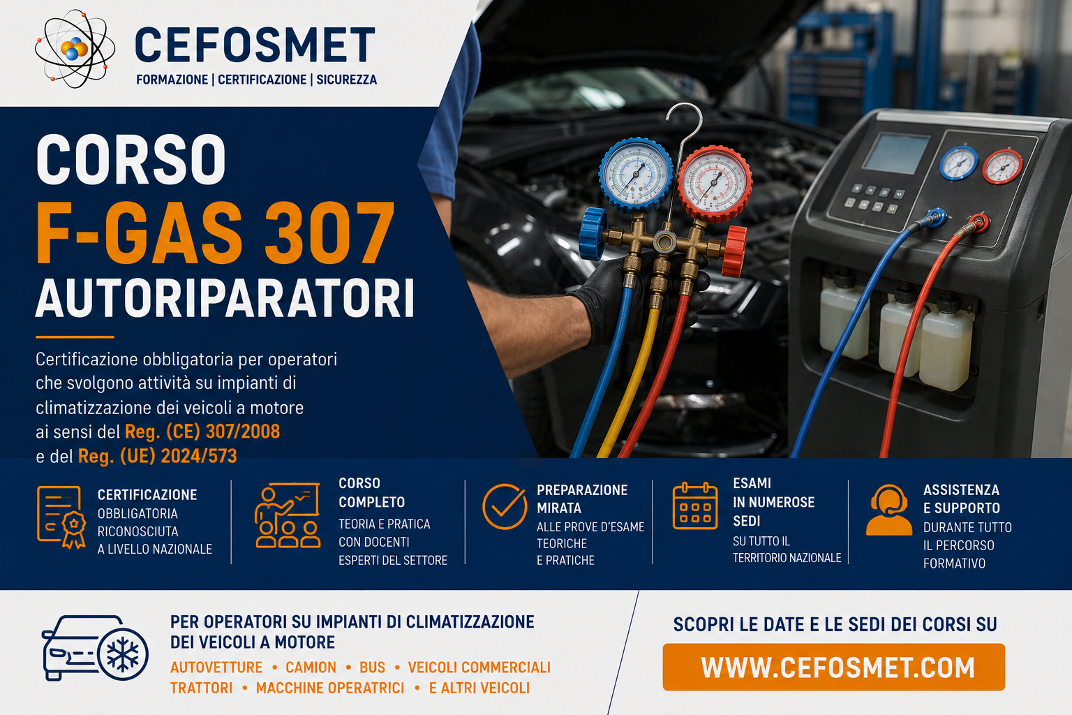 Corso FGAS 307 – Certificazione del Personale per il Recupero dei Gas Fluorurati dagli Impianti di Climatizzazione dei Veicoli a Motore